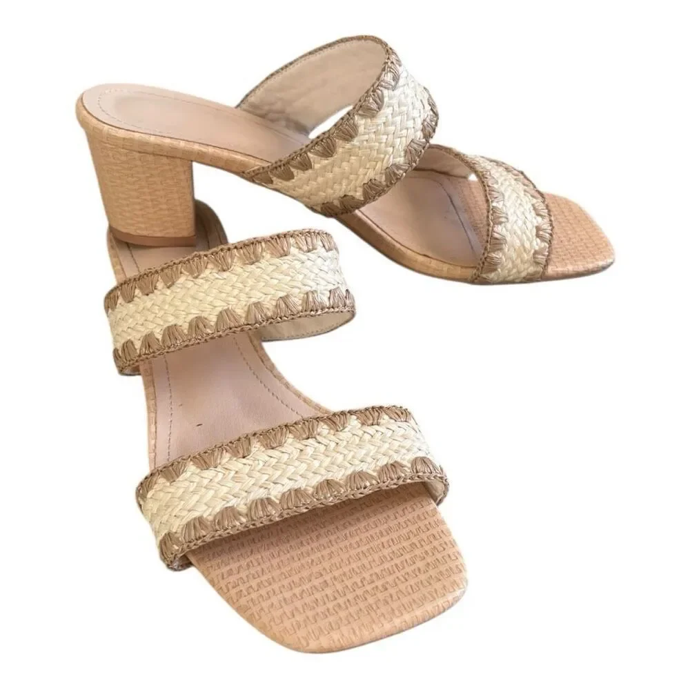 N.N.G Braided Tan Chunky Heel Square Toe Leather Woven Heels Mules Slides